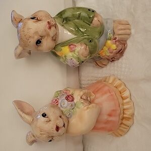 Handpainted Porcelain Bunnies Figurines holding fruit and flowers Set of 2